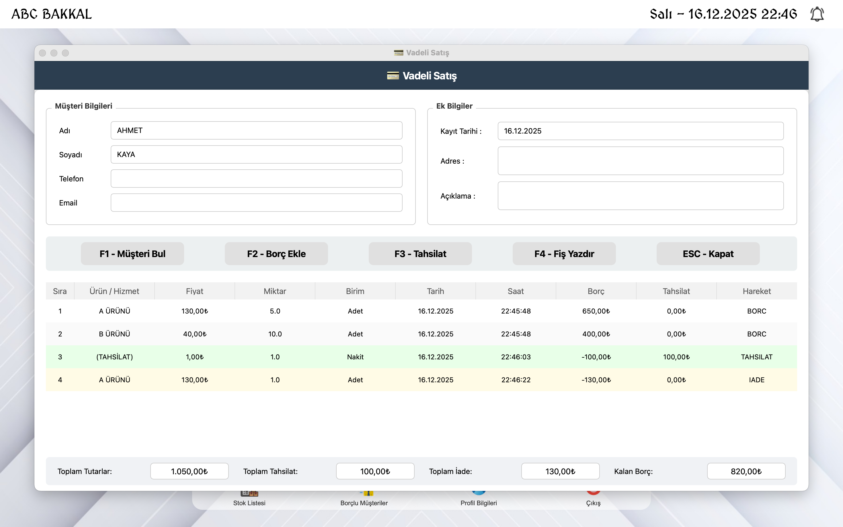 QerzLog veresiye defteri vadeli satış ekranı